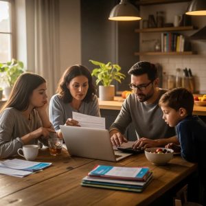 Family discussing health insurance options at a kitchen table, emphasizing budgeting and planning