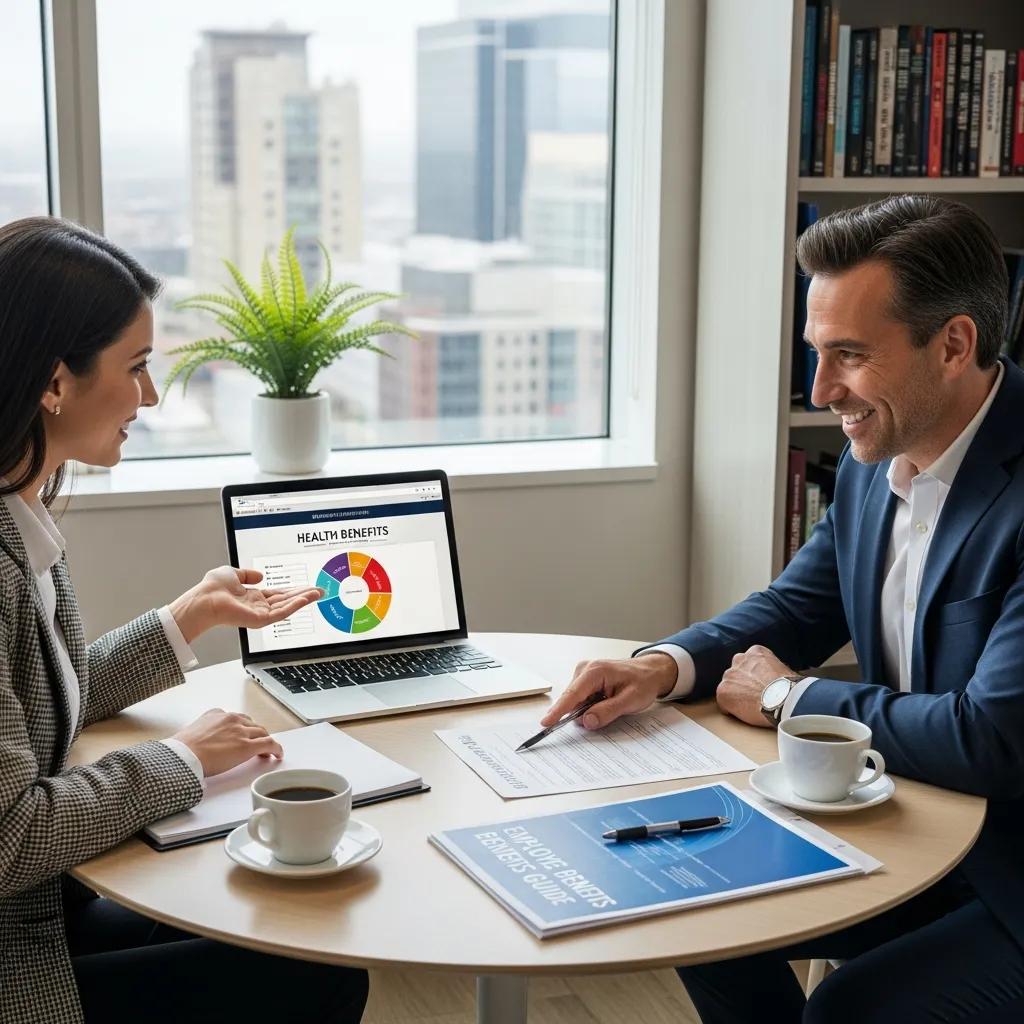 Small business owner consulting with a PEO representative about health benefits